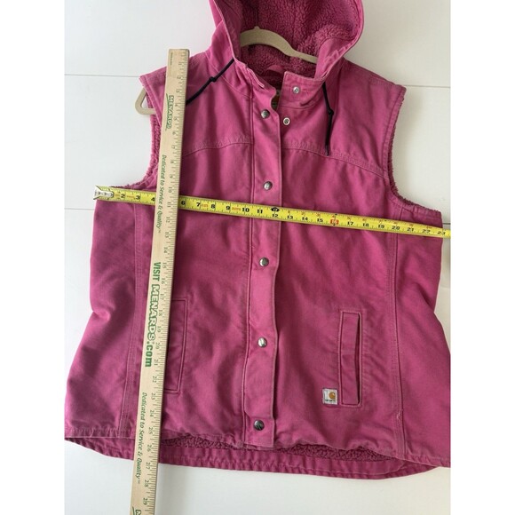 Carhartt Jacket Womens XL Pink Sherpa Canvas Work Barn Chore Coat hood Vest - Picture 4 of 14